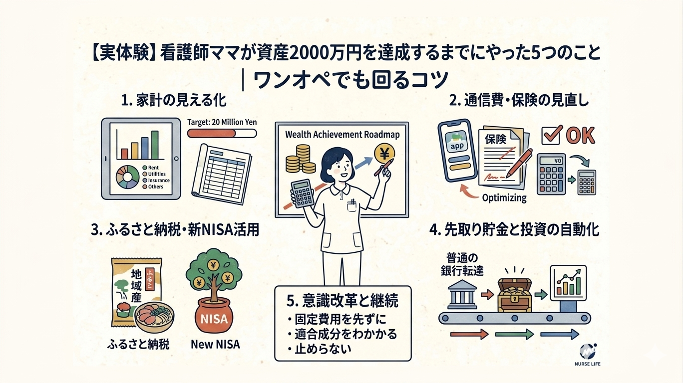 看護師ママが資産2000万円を達成するまでにやった5つのことを図解したイラスト