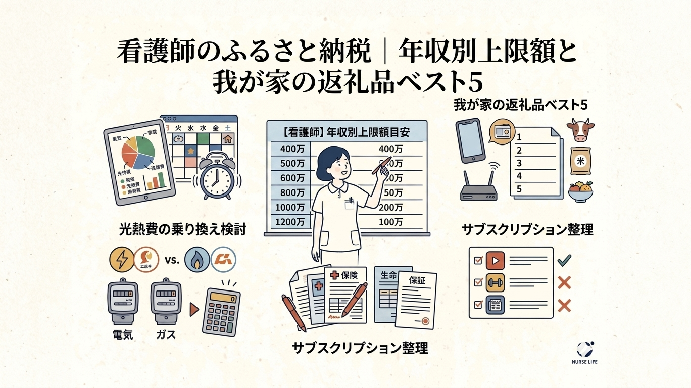 看護師の年収別ふるさと納税の上限額と返礼品ベスト5を紹介するイラスト