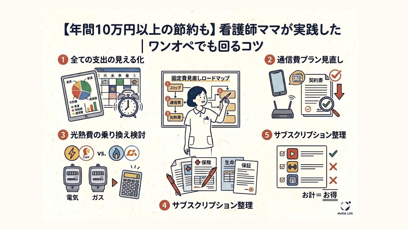 看護師ママが実践した年間10万円以上の節約術5選｜固定費見直しロードマップとワンオペでも回るコツを図解したアイキャッチ画像