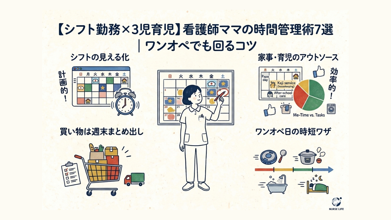 シフト勤務×3児育児の看護師ママが実践する時間管理術7選｜ワンオペでも回るコツを図解したアイキャッチ画像
